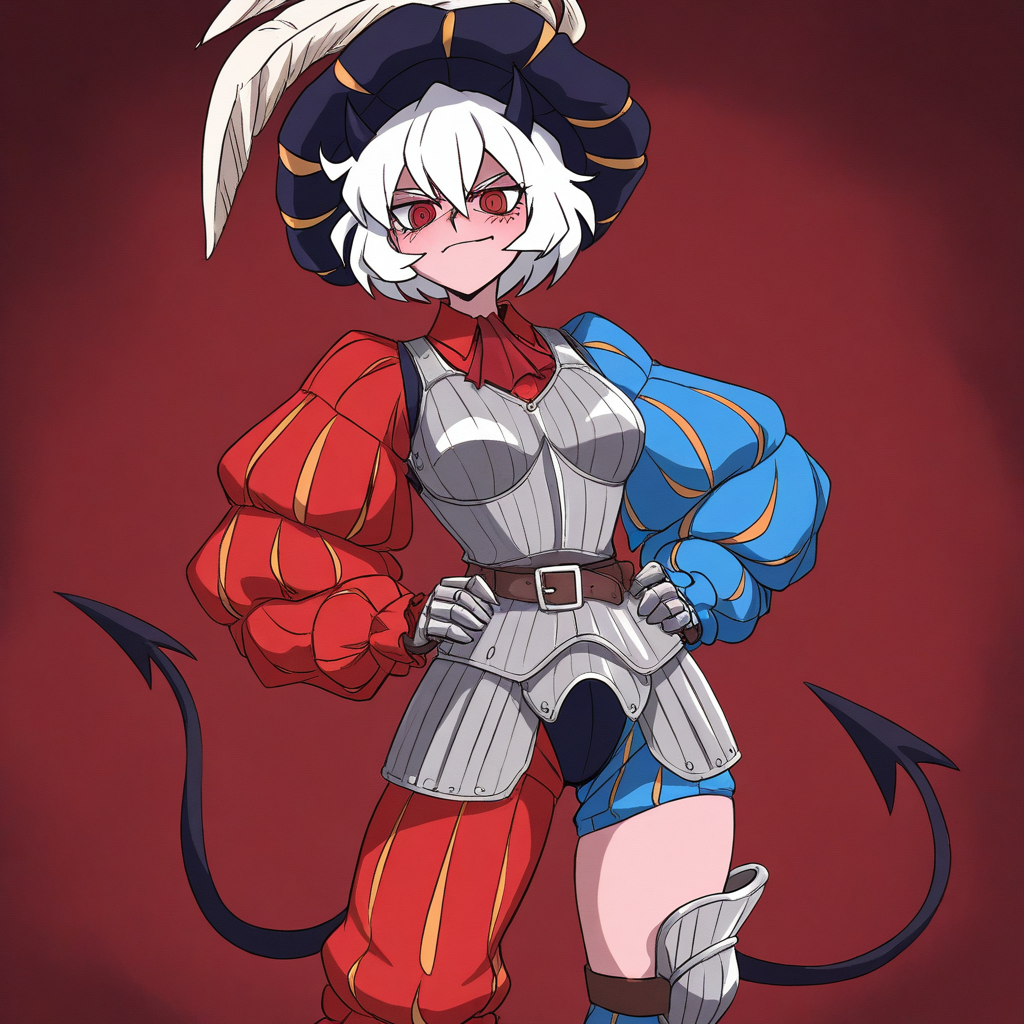 masterpiece, best quality, newest, absurdres, highres, vintage anime, 90s anime, LKAV1.0, landsknecht, armor, belt, breastplate, chaperon hat, faulds, asymmetrical legwear, asymmetrical armor, puffy sleeves, puffy pants, 1girl, malina \(helltaker\), demon girl, short hair, white hair, horns, demon tail,
