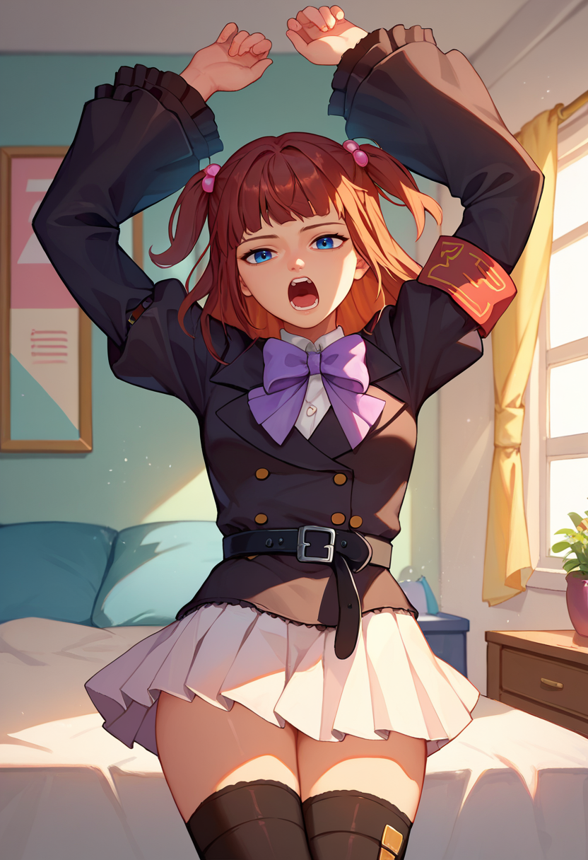 score_9, score_8_up, score_7_up,1girl,  Ange, brown hair, two side up, blue eyes, white shirt, purple bow, black jacket, single armband, black belt, white skirt, frilled sleeves, black thighhighs, arms up, yawning, looking at viewer, indoors, bedroom,   <lora:Ange 4-000008:1>