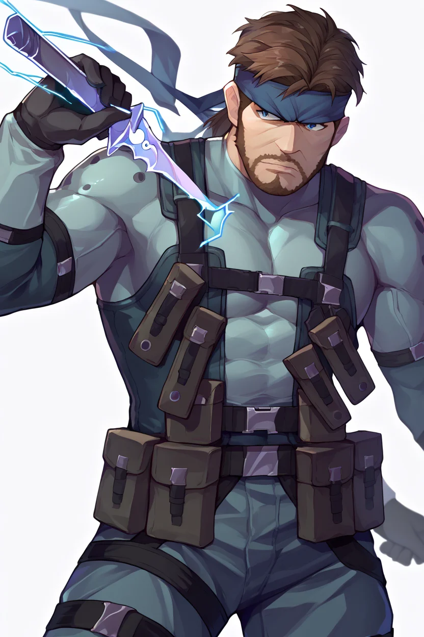 score_9, score_8_up, score_7_up, score_6_up, source_anime, BREAK 1boy, solo, white background <lora:solidsnake-pdxl-nvwls-v1:1> solidsnake, headband, brown hair, beard, facial hair, blue bodysuit, gloves, harness, belt pouch, furrowed brow, mature male, manly <lora:BoobaSword:1> human scabbard, holding, holding weapon, holding sword, electricity, cleavage