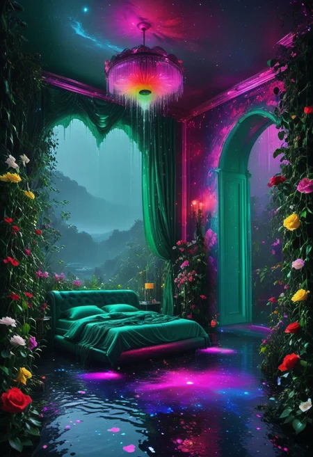 Light mood masterpiece photography, realistic, realistic photograph, waterfall, indoor waterfall, inside bedroom, widescreen TV, neon eyeshadow, gaudy, Lisa Frank inspired, Lisa Frank colors, colorful eyeshadow, indoor pond, flowers, indoor garden, waterfall inside bedroom, rock n roll, Ramones, Led Zeppelin, Aerosmith, maximalism, green and blue and pink, purple, 3/4 angle face, waterfall in bedroom, soft rug, neon rug, bedroom like bedroom from Howl's Moving Castle