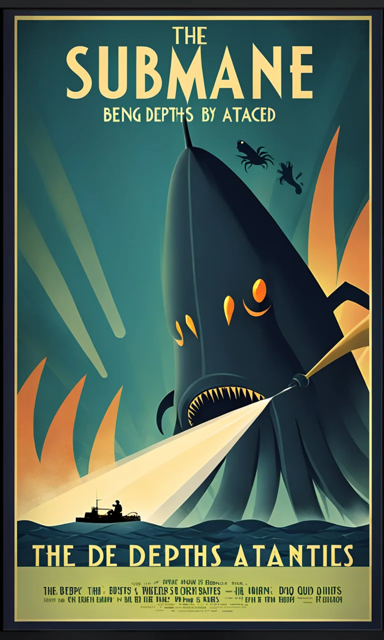 movie poster submarine being attacked by squid monster, Text:" The Depths", <lora:artdecopostsdxl:0.8>, art deco style