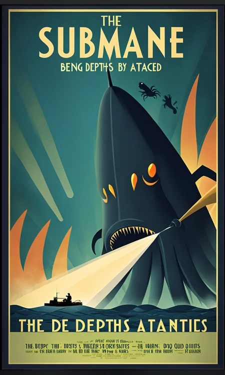 movie poster submarine being attacked by squid monster, Text:" The Depths", <lora:artdecopostsdxl:0.8>, art deco style