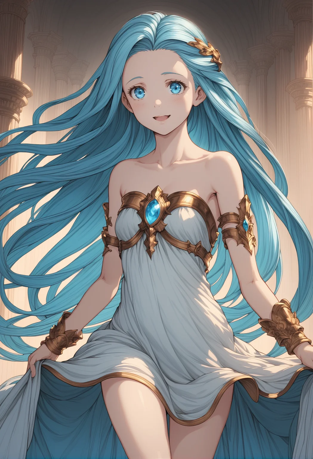 granblue, 1girl, armlet, barefoot, blue_eyes, blue_hair, blush, breasts, collarbone, dress, full_body, jewelry, looking_at_viewer, lyria_\(granblue_fantasy\), open_mouth, short_dress, simple_background, small_breasts, smile, solo, standing, very_long_hair, white_background, white_dress
shaded face, intricate detail, cinematic lighting, amazing quality, amazing shading, detailed Illustration, official artwork, wallpaper, extremely detailed eyes and face, beautiful detailed eyes, ((masterpiece, best quality)),
<lora:granblue_fantasy_style_xl:0.8>