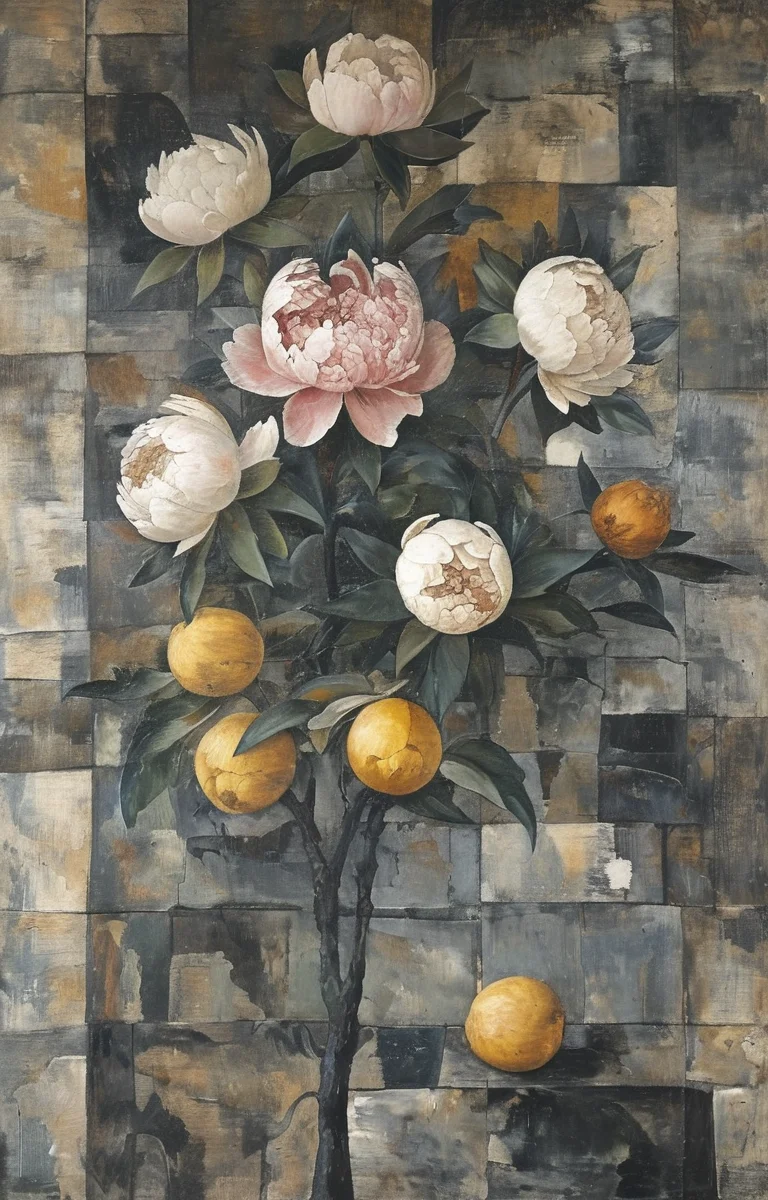 masterpiece,best quality,<lora:tbh215-sdxl:0.9>,illustration,style of Georges Braque decaying peonies