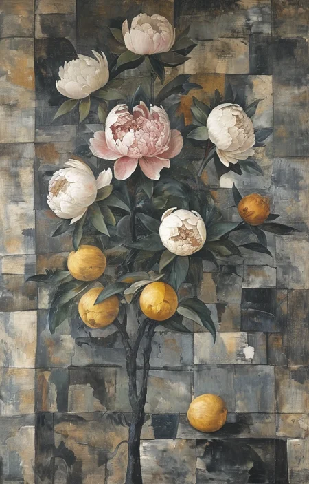 masterpiece,best quality,<lora:tbh215-sdxl:0.9>,illustration,style of Georges Braque decaying peonies