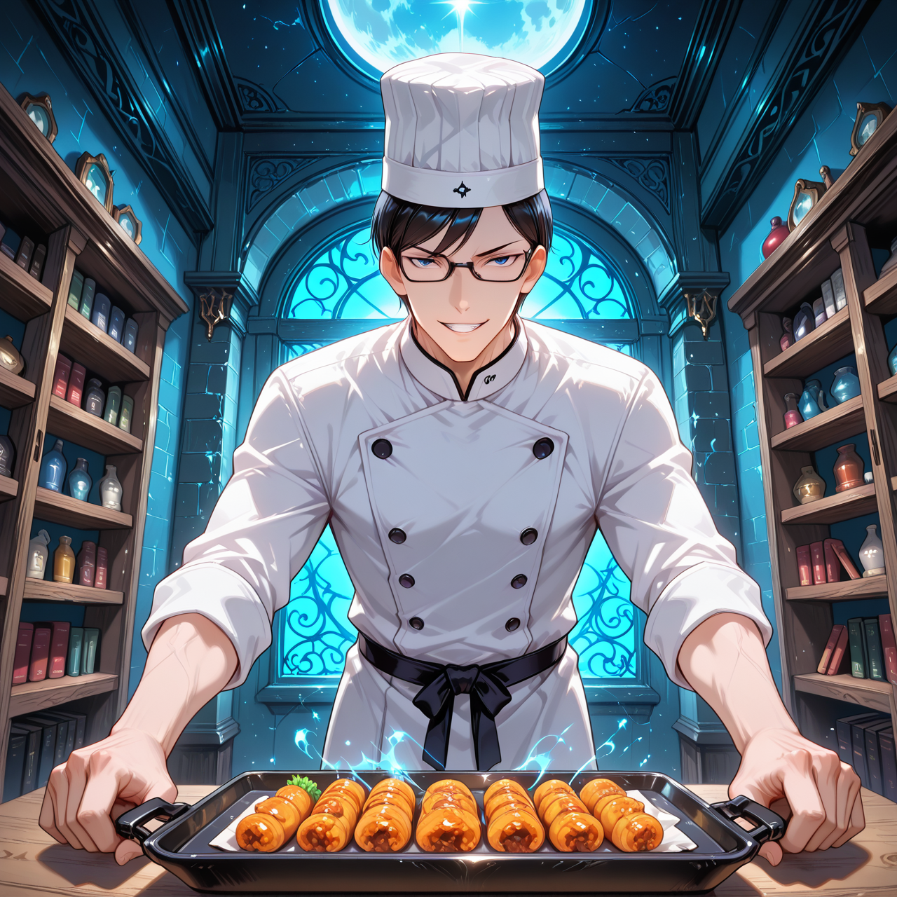IllusP0s, PonyScores7, source_anime, ah1, IllustriousQual, interesting, exciting, spectacular, wonderful, amazing quality, absolutely eye-catching, very awa,  
BREAK <lora:xl_more_art-full_v1:0.2>, <lora:aesthetic_anime_v1s:0.2>, <lora:EpicF4nta5yXL:0.2>, <lora:detailxl:0.2>, detailxl, <lora:Fant5yP0ny:0.2>, amazing quality, best aesthetic, absurdres, illustration, Volumetric_Lighting, ultra-detailed, very aesthetic, intricate details, best_quality, lazympos, <lora:Add_Details_v1.2:0.2>, <lora:quality_modifiers_masterpieces_v1:0.2>, <lora:ZootPonyAnime_V1_r2:0.2>, <lora:Bestifacator2:0.2>, anime style,
BREAK (((A man's eyes glow with a soft, blue light as he taps into the power of the moon, causing the tides to rise and the stars to align in his favor))), <lora:DynamicPoseIL2att_alpha1.0_rank4_noxattn_900steps:0.8>, dynamic pose,
BREAK Stable_Yogis_PDXL_Positives, AS-Adult, <lora:Complicated fantasy portrait - XL Pony V2.0:0.2>, <lora:HDA_Detailer:0.3>, AS-MidAged, (((overexposed silhouette))),
BREAK (((<lora:Dasakamotodesuga:0.8>, sakamoto-1male focus, 1boy))), <lora:shinyskin2:0.2>, glistening skin, <lora:perfection style:0.2>, perfection style, perfection, 
BREAK (((space chef, in a chef's uniform with a futuristic cooking device and a tray of food))),  sakamoto_glasses,
BREAK ((black_sakamoto_hair)), <lora:hairdetailpxl:0.2>, hairdetailpxl, 
BREAK ((angular face, sharp_featured face, handsome, charming, alluring)), black_sakamoto_eyes, expressive eyes, <lora:perfect-eyes:0.4>, perfecteyes, EyesHD, <lora:DetailedEyes_xl_bdsqlsz_V1:0.2>, <lora:Eyes_Lora_Pony_Perfect_eyes:0.2>, <lora:focusoneyes:0.2>, <lora:cinematic eye color style illustrious v1:0.2>, <lora:Eyes_High_Definition:0.2>, EyesHD,  <lora:fdsf:0.3> HDEYES, <lora:eyes_enhancer_V3:0.3>,
BREAK (((playful expression, Mischievous grin, twinkling eyes, raised eyebrows))), <lora:Expressive_H:0.2>, Expressiveh, <lora:Emotional_Anime_Expressions_PonyXL_Concept:0.2>, emotional, <lora:Best_Facial_Expression_LoRA_PONY:0.2>, looking at viewer, <lora:Detailed expressive EXEV style -XL Pony V1.0:0.2>, FaceDetail,
BREAK (((A grand library with towering bookshelves stretching to the ceiling in a medieval castle))), <lora:Background Detailer - SDXL:0.2>, 4k, 8k, Ultra HD, Masterpiece, Best quality, Detailed background, foreshortening, extreme perspective, <lora:Add_more_details_V2_XLpony:0.2> full_details, <lora:background-type1:0.2>, <lora:AddMicroDetails_Illustrious_v3:0.2>, addmicrodetails, SmoothNoob_Quality, <lora:ani40o_stabilizer_v0.6:0.6>,