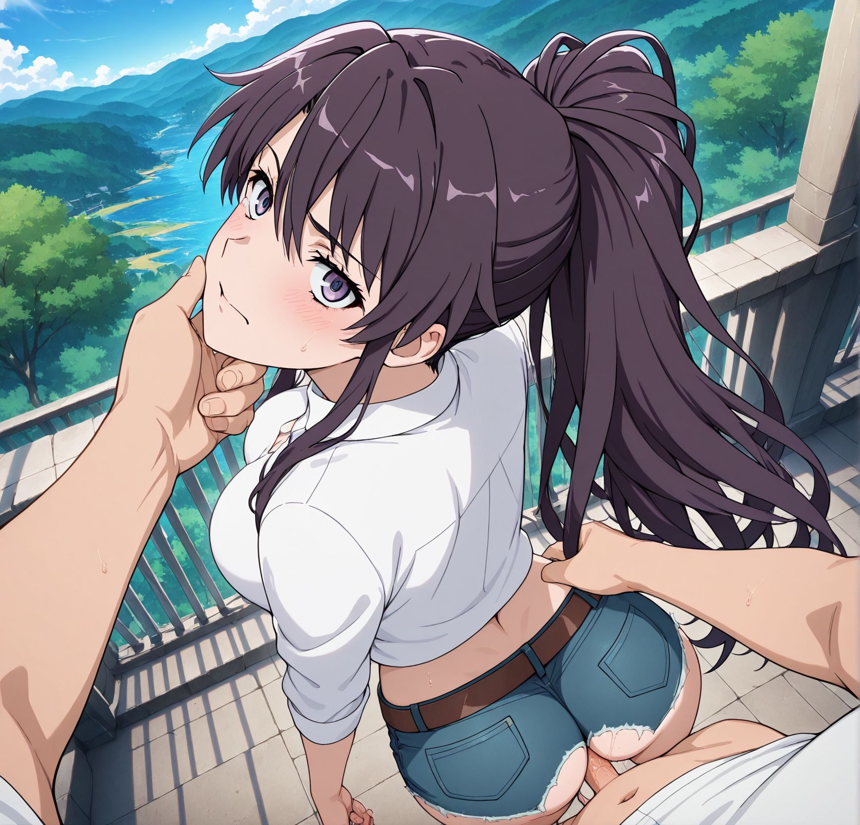 masterpiece, best quality, newest, absurdres, highres, detailed eyes, beautiful, detailed background, 
perfect eyes, anime coloring, anime screencap, flat color, 
5fingers,
<lora:POV_SEX:1>POV_SEX_V1,
1girl,hetero,sex,
breasts,1boyass,
penis,sex from behind,
pov,standing sex,
from behind,sex from behind,ass, 
scratching  another's  the chin, pov hand,
outdoors,
afternoon,
BREAK
official art, 
toaru kagaku no railgun, 
kanzaki kaori, 
denim shorts, white shirt, navel,