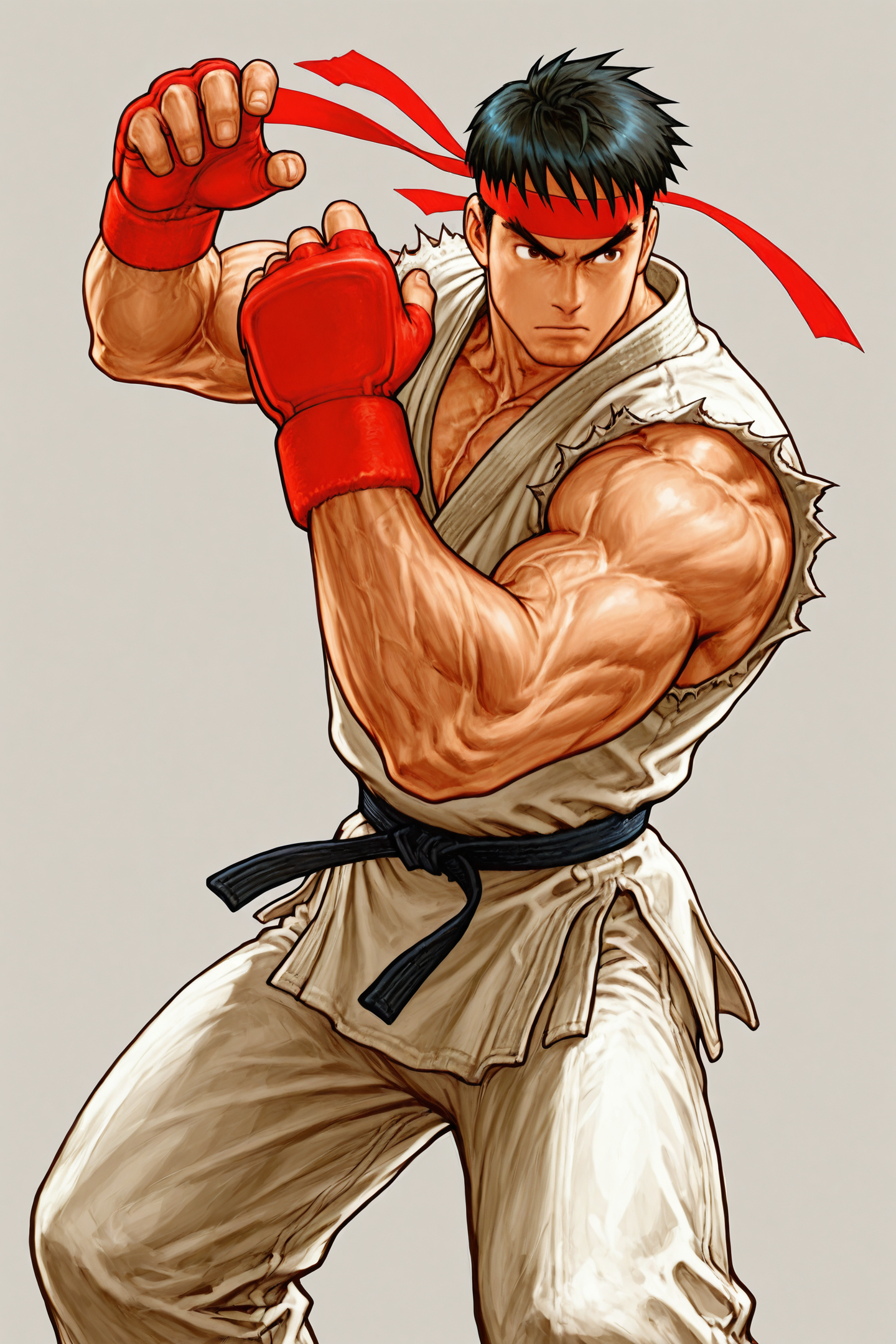 1boy,male focus,solo,ryu (street fighter),headband,gloves,dougi,fighting stance,muscular,fingerless gloves,black hair,sleeveless,facial hair,
<lora:Kinu Nishimura_illustriousXL:1.5>,