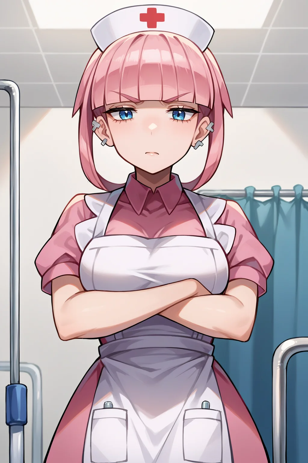score_9, score_8_up, score_7_up, score_6_up, source_anime, 1girl, solo <lora:pkmnmollie-pdxl-nvwls-v1-000005:1> mollie, pink hair, blunt bangs, short hair, blue eyes, hairband, ear piercing, <lora:Hoseki_Pokemon_NurseJoy_PDXL_v1:0.6> nurse cap, pink collared dress, puffy short sleeves, white apron, indoors, hospital, annoyed, crossed arms, big breasts