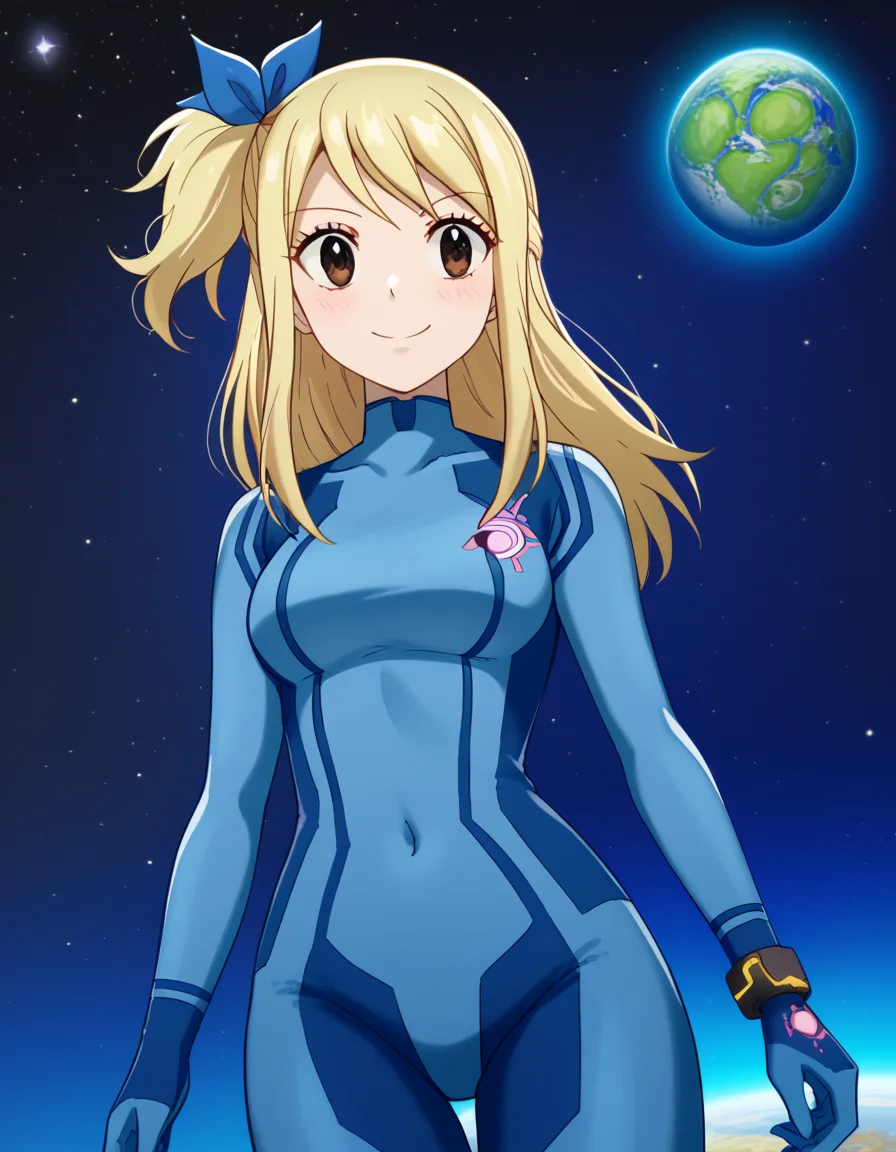 score_9, score_8_up, score_7_up, source_anime, lucyheartfilia, <lora:lucy-heartfilia-s7-ponyxl-lora-nochekaiser:1>, lucy heartfilia, blonde hair, brown eyes, long hair, one side up, ribbon, hair ribbon, blue ribbon,, <lora:samus-aran-cosplay-ponyxl-lora-nochekaiser:1>, samusarancosplay, samus aran \(cosplay\), blue bodysuit, bodysuit, covered navel, skin tight, zero suit,, space, planet, earth \(planet\), star \(sky\), galaxy, nebula, moon, blush, smile,, cowboy shot, dutch angle, solo,