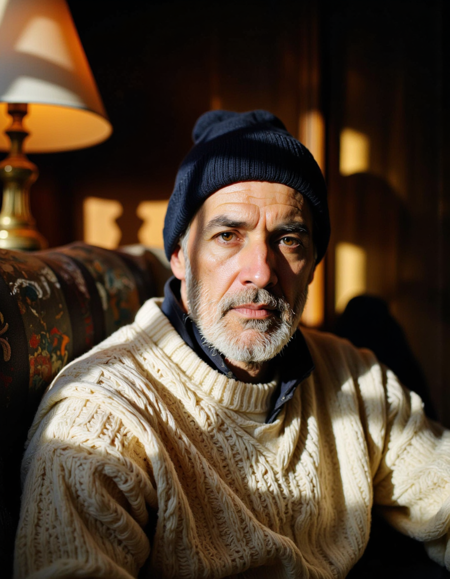 The image is a photograph of an elderly man sitting in a cozy, dimly lit room. The man, with a rugged, weathered appearance, has a full head of white hair and a thick, white beard. He wears a dark blue beanie and a white, chunky-knit sweater that appears warm and comfortable. His eyes are piercing, and he looks directly at the camera with a thoughtful expression. The room is filled with a warm, golden light that casts long shadows, indicating the presence of a table lamp or a warm light source in the background. <lora:Dark_side_of_light_epoch_6:0.5>