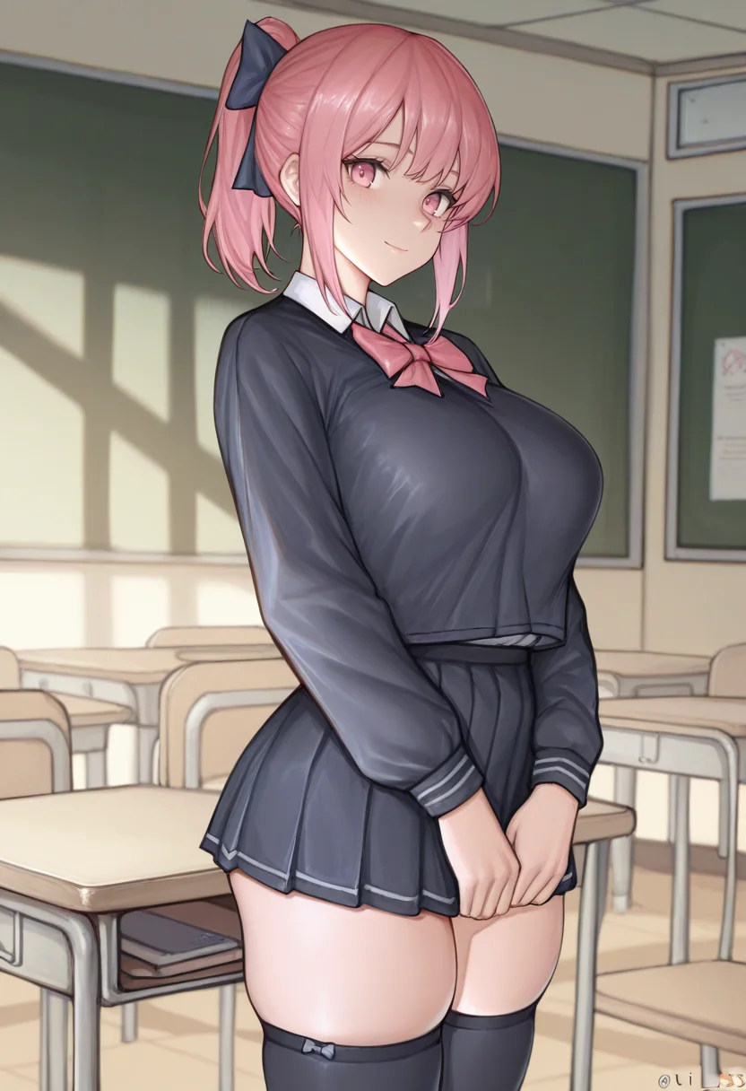masterpiece, best quality, <lora:iuui:1> 10u1st1l3, 1girl, solo,standing,looking at viewer, happy, closed mouth,pink hair, ponytail, pink eyes, large breasts, school uniform, bow, long sleeves, skirt, skindentation, thighhighs, indoors, classroom,