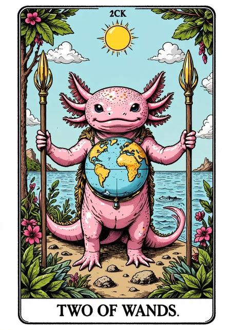 a tarot card in the style of ck-tc featuring, axolotl, A tarot card with the text "Two of Wands," an axolotl holding a globe, standing between two wands, overlooking the sea, a vision of exploration.<lora:Axomodel_Flux_V1.1.safetensors:1.0:1.0> <lora:ck-tarot-000015.safetensors:1:1>