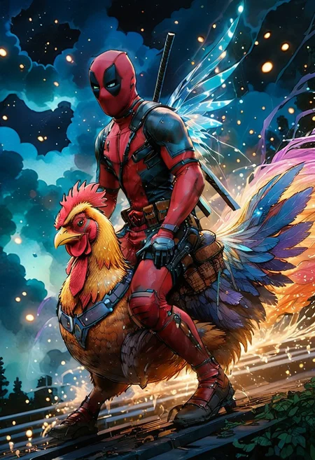 mix of watercolor and oil painting, anime artwork, anime style, studio anime, etheral, motion lines, glowing, Deadpool1024, riding a jumbo chicken, looking at viewer,deep colors, vivid, colorful, fairy tale aethestics, magic, fireflies, cinematic composition, volumetric lighting, volumetric fogs, volumetric dusk, lots of volumetric clouds, cinematic composition, side view, penumbra, celestial, ethereal
