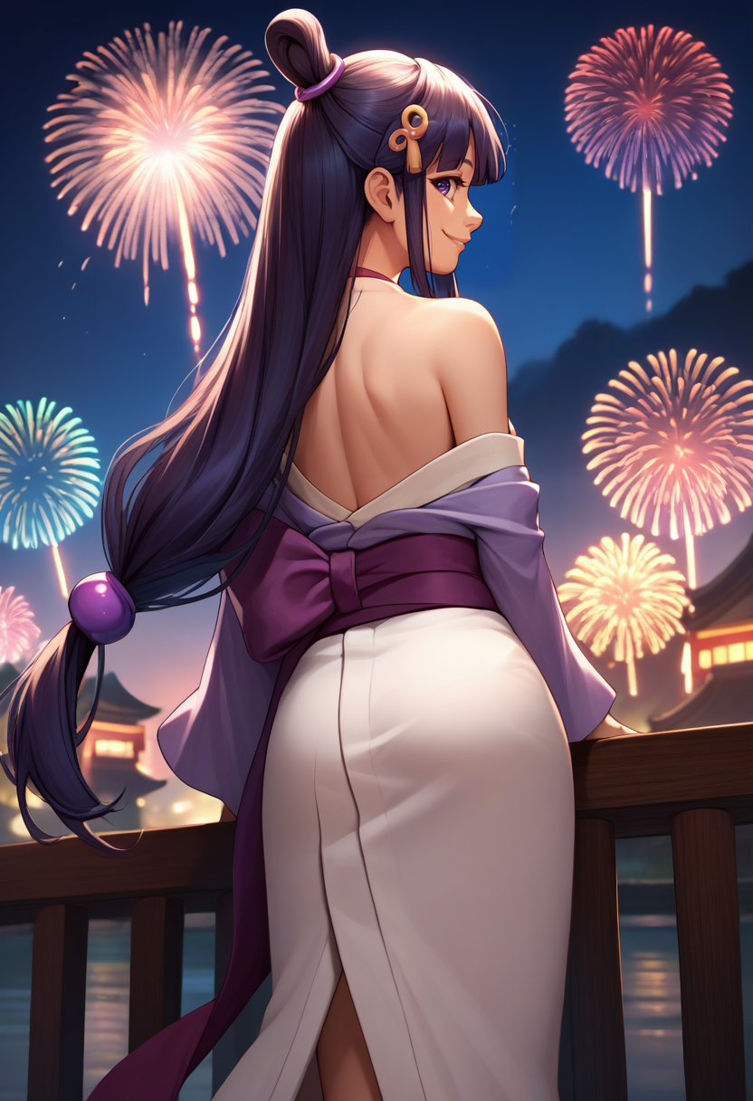 score_9, score_8_up, score_7_up, source_anime, from behind, solo, 1girl, sojmaya, smile, looking back, long hair, half updo, hair ornament, japanese clothes, purple kimono, off shoulder, purple sash, bare shoulders, fireworks <lora:aa_soj_mayafey_ponyXL:1>