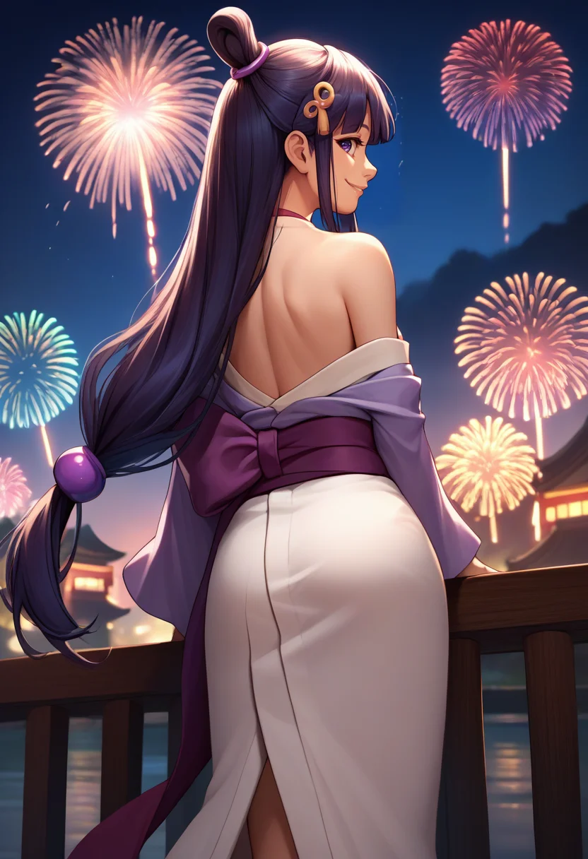 score_9, score_8_up, score_7_up, source_anime, from behind, solo, 1girl, sojmaya, smile, looking back, long hair, half updo, hair ornament, japanese clothes, purple kimono, off shoulder, purple sash, bare shoulders, fireworks <lora:aa_soj_mayafey_ponyXL:1>