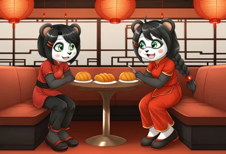 zPDXLxxx, YayaPandaPXL, furry,furry female, animal ears, green eyes, braid, black hair, panda ears, hair over shoulder, hair ornament, animal nose, blush, blush stickers, happy, simple chinese red dress, joyful, black chinese pants, black chinese shoes, serving chinese cuisine, working at chinese boufett, chinese food restaurant, cheerful, happy customers, china decorations, chinese restaurant,