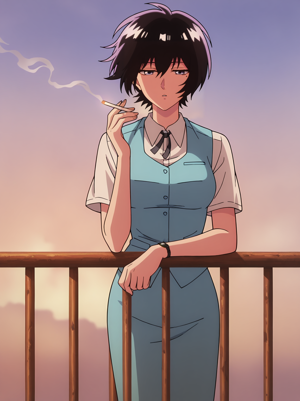 <lora:Reiko_v2:0.8>, reiko, 1girl, solo, black short hair, blue eyes, mode under eye, light blue office uniform, black necktie, white shirt, short sleeves, light blue pencil skirt, wristwatch, calm, neutral, parted lips, half-closed eyes, smoking, leaning on railing, standing, holding cigarette, outdoors, sky, sunset, high place