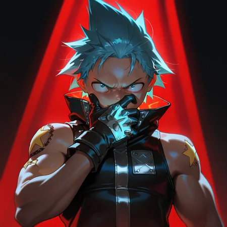 masterpiece, best quality, amazing quality, very aesthetic, absurdres, newest, volumetric lighting,
souleaterstyle,,blackstar,
solo,gloves,1boy,male focus,blue hair,sleeveless,tattoo,spiked hair,portrait,upper body,
,masterpiece, best quality, amazing quality, very aesthetic, absurdres, newest, volumetric lighting,
, <lora:soul_eater_illustrious:0.8>,