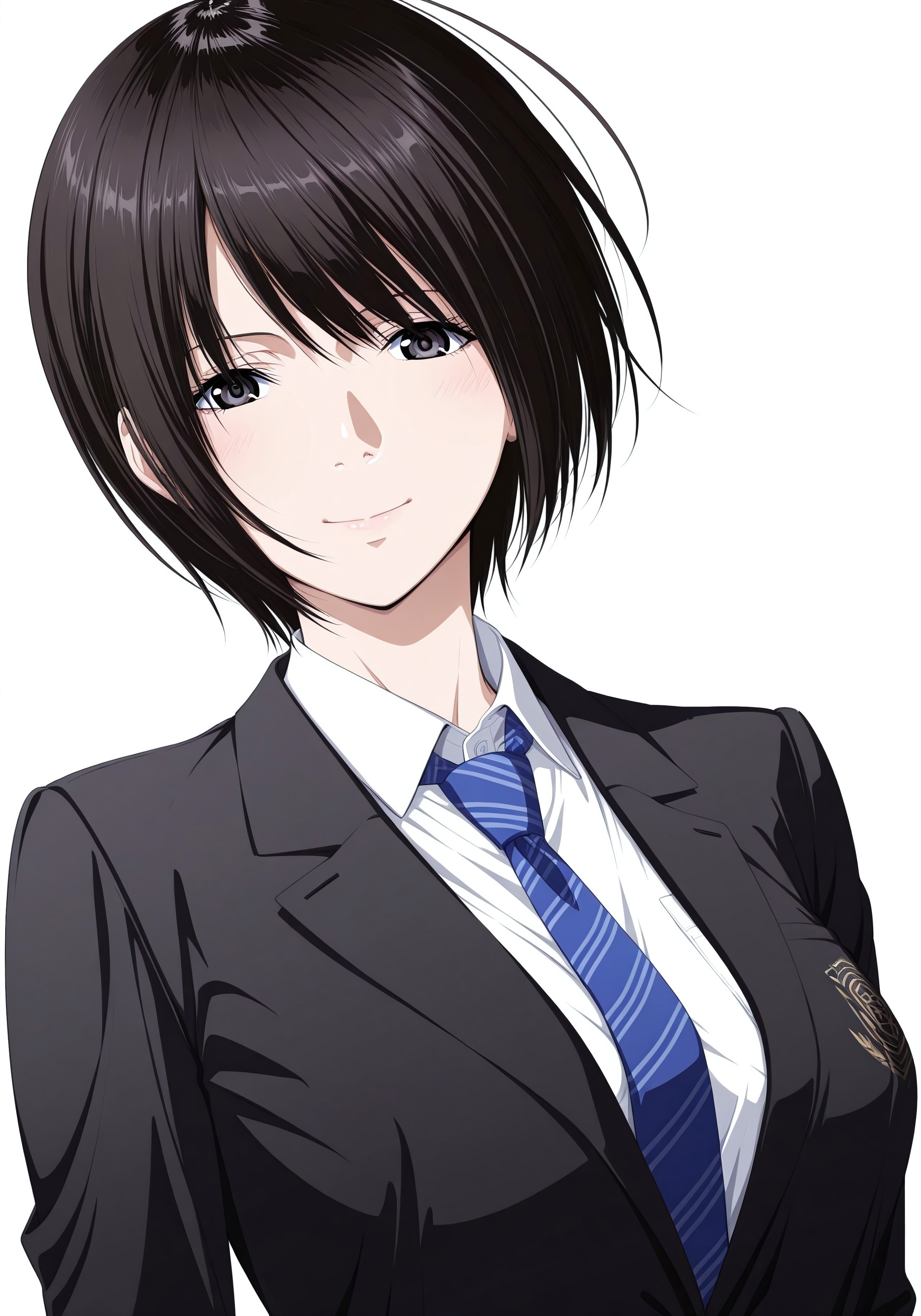 ultra-detailed,detailed face, 
score_9, score_8_up, score_7_up, source_anime,(extremely detailed CG), (best quality),
1girl, solo, short hair, black hair, black eyes, smile, looking at viewer, white background, school uniform, shirt, simple background, upper body, black eyes, kanae,large breasts, slender waist , necktie, black jacket,school uniform,