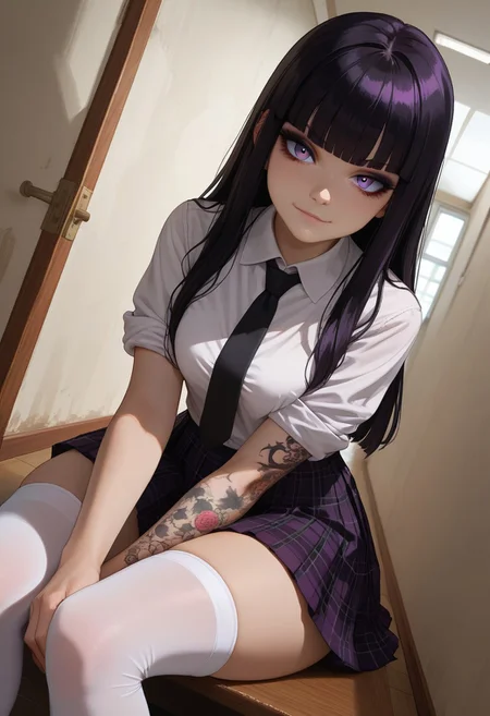 (score_9, score_8_up, score_7_up), 1girl, solo, black hair, purple eyes, long hair, straight bangs, 26 years old, medium breasts, (goth:1.3), ass
(white shirt, black tie, checkered pleated skirt, white stockings, thighighs:1.1), checkered skirt, hime cut, sneakers, rolled up sleves,
tattoo, tattoo on body, tattoo on arm
Expressiveh,
fisheye, (dutch angle, face close-up, face focus :1.4),
(sitting, hallway, indoors:1.1), college,
smug,