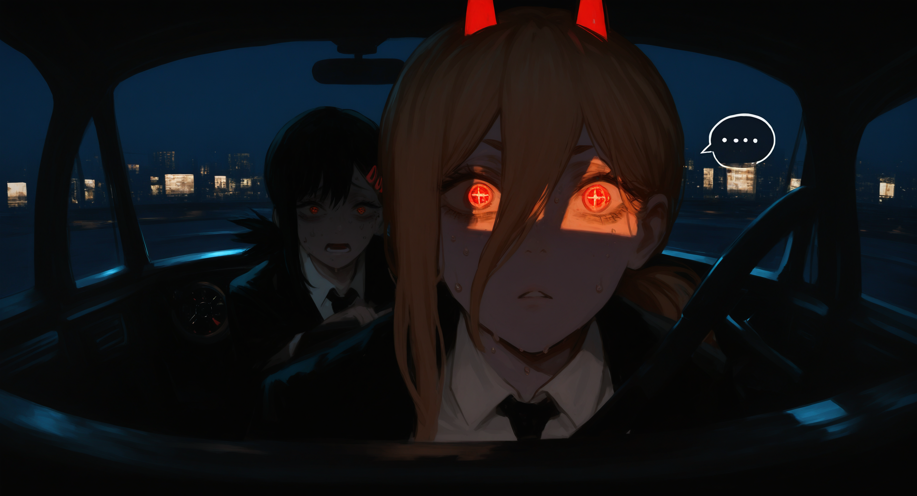 masterpiece, best quality, good quality, very aesthetic, absurdres, newest, higashiyama kobeni, power (chainsaw man), 2girls, cross-shaped pupils, driving, hair between eyes, horns, meme, multiple girls, necktie, nervous sweating, ponytail, power crashes kobeni's car (meme), red eyes, red horns, spoken ellipsis,steering wheel, suit, (surprised:1.2), sweat, symbol-shaped pupils, night, looking_at_viewer, shadowy lighting, cinematic atmosphere, City Lights Lighting,
simple background, Perspective,Fisheye <lora:ponyv5_noobV065S_1_adamW-000013:0.7> <lora:USNR_STYLE_XL_lokr:0.45> <lora:745cmSDXLvpred75S:0.8>