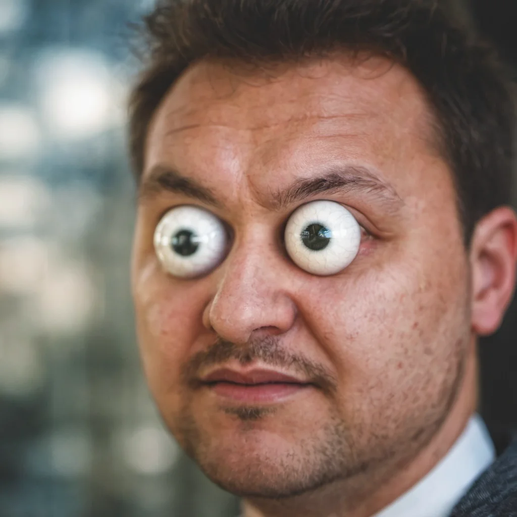 person with round spherical white eyeballs