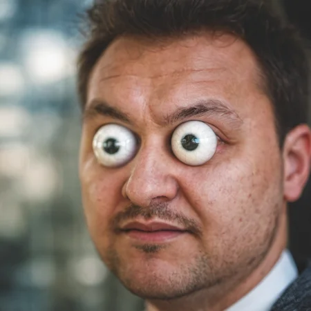 person with round spherical white eyeballs