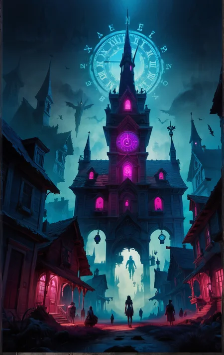 score_9, score_8_up, score_7_up, score_6_up, Lone wanderer, semi-realistic, Time-Warped Village,
Timeless village, warped reality, distorted buildings, glowing clock tower, strange skies, eerie fog, suspended moments, fading memories, ghostly inhabitants, surreal landscape