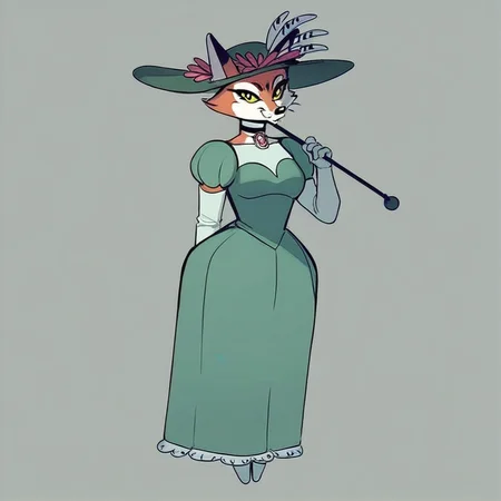 score_9,score_8,score_7,source_furry, 1girl animal ears cat choker colored sclera dress elbow gloves flower full body furry furry female gloves green dress hat hat flower holding holding umbrella jewelry looking at viewer parasol puffy sleeves smile solo umbrella yellow eyes yellow sclera june_way june_way_uwe fox girl fanart