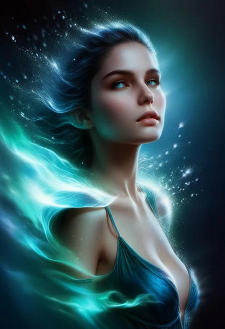 A digital painting depicting an ethereal female character with pointed elfin ears, viewed from a slightly elevated angle to the right. The character has a serene expression with closed eyes, lips gently parted, and illuminated by glowing, ethereal light streams in shades of electric blue, aquamarine, teal, and white. Her hair blends seamlessly into flowing, luminous energy waves that swirl around her head and shoulders, creating a sense of motion and otherworldliness. These swirling energy fields and neon-colored particles are intertwined with translucent liquid-like formations, adding depth and dimension to the composition. The character's skin appears smooth and pale, with subtle highlights enhancing her facial features. Small, sparkling emerald green and lavender orbs adorn her face and shoulders, reflecting the surrounding light. The background is dark and indistinct, enhancing the focus on the luminous figure. Softly glowing wisps of vapor or energy flow dynamically throughout the scene, contributing to the mystical atmosphere. The overall color palette includes deep navy blues, vibrant purples, soft whites, and various iridescent hues, with high contrast between the bright luminous elements and the darker surroundings. This striking composition evokes a sense of fantasy and tranquility, blending dreamlike and supernatural elements in a captivating digital artwork.