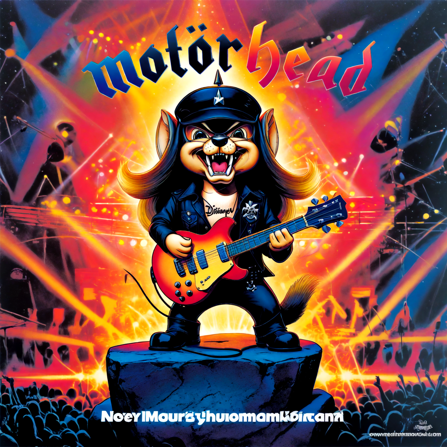 Disney animation style chipmunk (chip) as lemmy from motörhead, playing guitar on a rock concert, motörhead_cover, record cover, ,,. Bright colors, fluid motion, charming characters, wholesome storytelling, hand-drawn animation