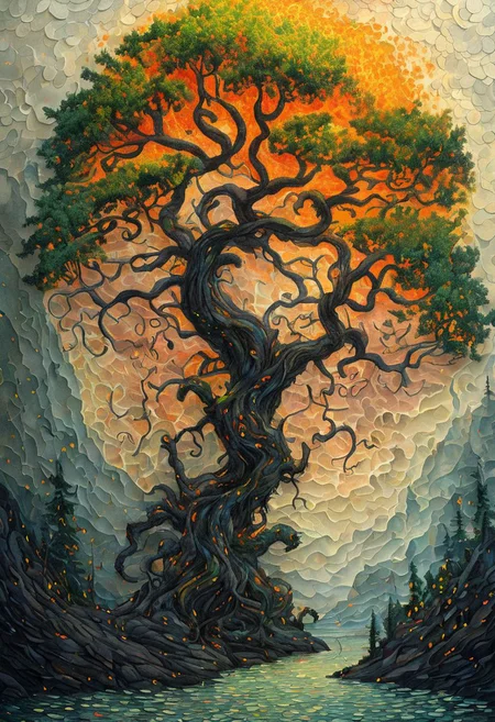 Rome has fallen,  the spark to set the flames, a new hymn against authority, watching power play corrupt, realistic, many details, 16k, round black background, This fantastical painting, The image is a true masterpiece showcasing the artist's exceptional skill in capturing the beauty and majesty of nature in a surreal and imaginative way. pastel colors, 
<lora:Paul_Signac_Neo-Impressionist_dotted_paintings_Pointillism:1> ah_signac  <lora:TQ_-__Kids_Storybook_Illustrations_XL-000006:0.2>   <lora:ral-lava-sdxl-v2:0> ral-lava <lora:artfullyTREETTREET_SDXL_V1:1.2> Arttrttrt