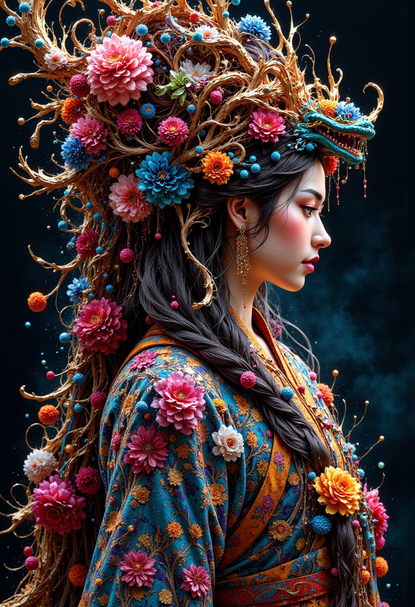 masterpiece, side portrait of a beautiful oriental woman made of flowers, abstract, fractal art , HD32K, wallpaper, hyperdetailed, mythp0rt