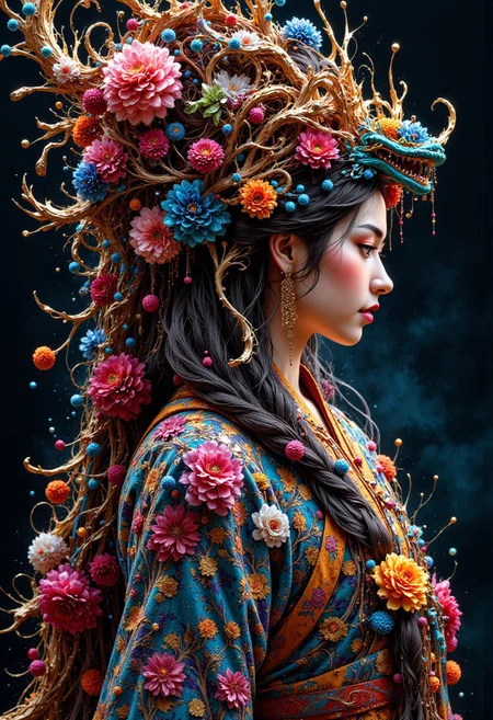 masterpiece, side portrait of a beautiful oriental woman made of flowers, abstract, fractal art , HD32K, wallpaper, hyperdetailed, mythp0rt