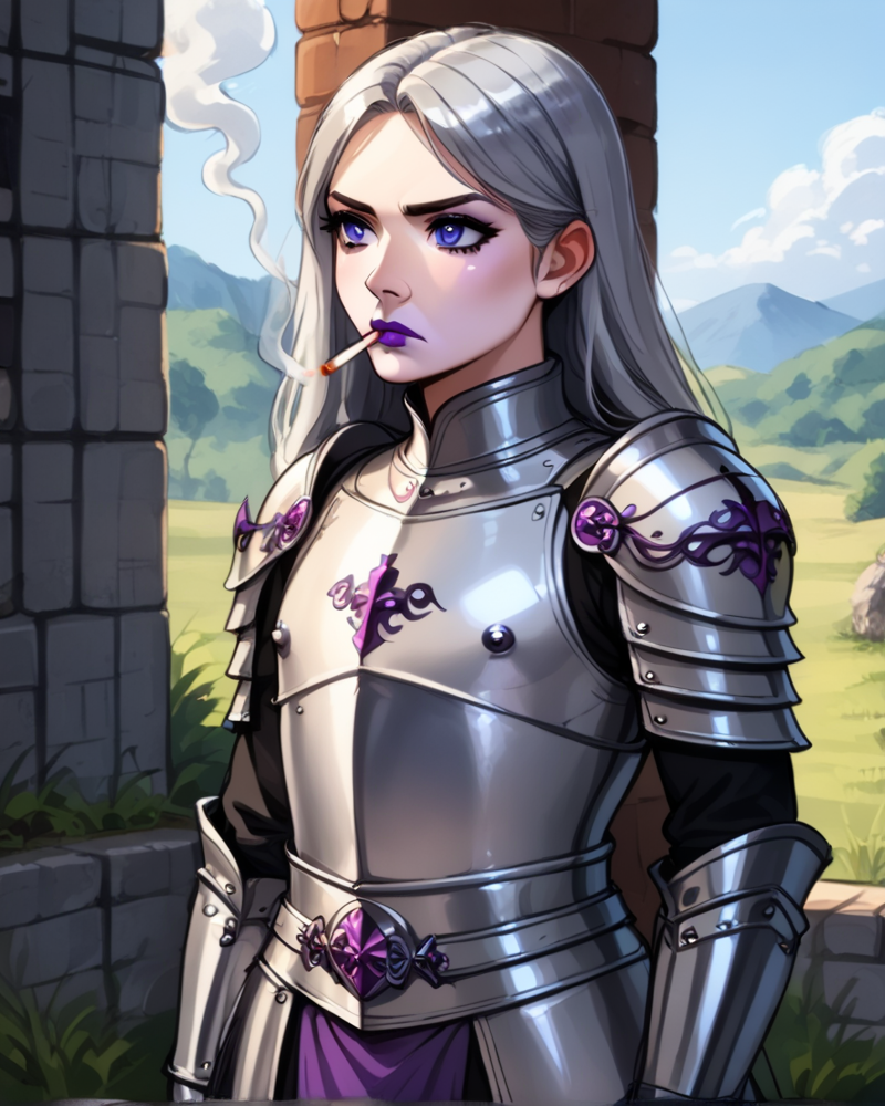 <lora:Danon_style_FORPONY-000010:1>androgynous, cute, handsome, silver hair, long hair, purple lipstick, frown, knight, armored, lord, medieval landscape fantasy, smoking, cigarette