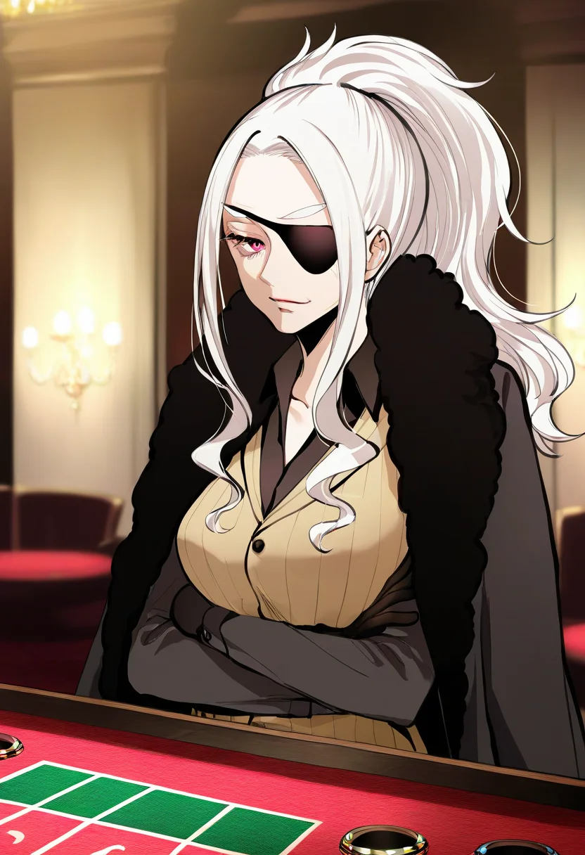 artist:gomzi,artist:wanke,artist:diyokama, rei_(sanbonzakura),[[artist:fuzichoco]],year 2023,
1girl, solo, old,
madame coffin, white hair, ponytail, red eyes, black eyepatch,
black coat, coat on shoulders, fur-trimmed coat, black shirt, brown vest, belt, single glove, black gloves,
upper body,casino,
<lora:ntmf_majorcharacters.ilxl:1>