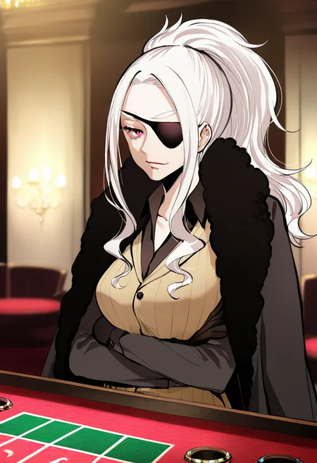 artist:gomzi,artist:wanke,artist:diyokama, rei_(sanbonzakura),[[artist:fuzichoco]],year 2023,
1girl, solo, old,
madame coffin, white hair, ponytail, red eyes, black eyepatch,
black coat, coat on shoulders, fur-trimmed coat, black shirt, brown vest, belt, single glove, black gloves,
upper body,casino,
<lora:ntmf_majorcharacters.ilxl:1>