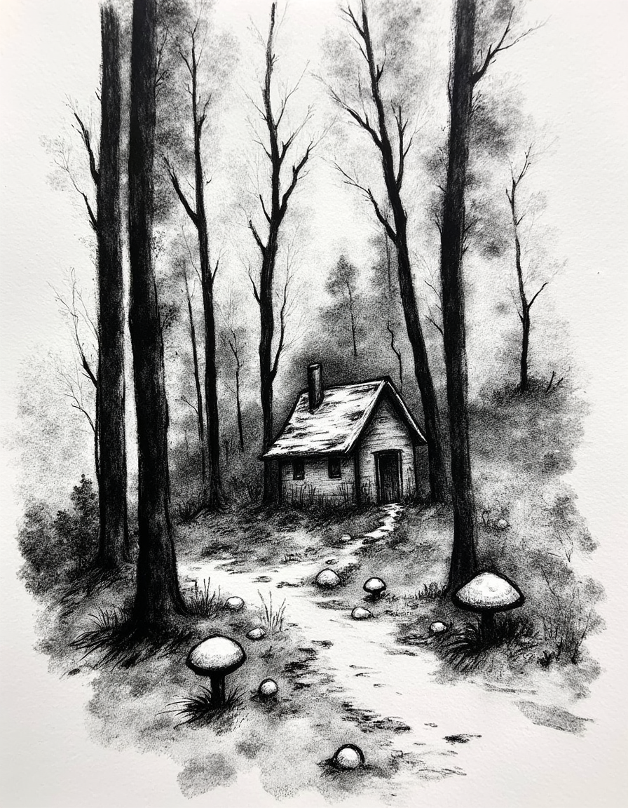Minimalist charcoal drawing of a cozy cottage deep in a mystical forest. mushrooms sprouting from the forest floor. Drawn with large charcoal smudges. almost abstract. Less detailed. Simple drawing.<lora:Charcoal.safetensors:1.0:1.0>