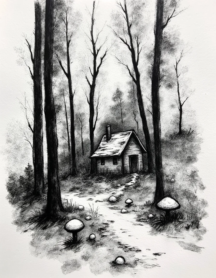 Minimalist charcoal drawing of a cozy cottage deep in a mystical forest. mushrooms sprouting from the forest floor. Drawn with large charcoal smudges. almost abstract. Less detailed. Simple drawing.<lora:Charcoal.safetensors:1.0:1.0>