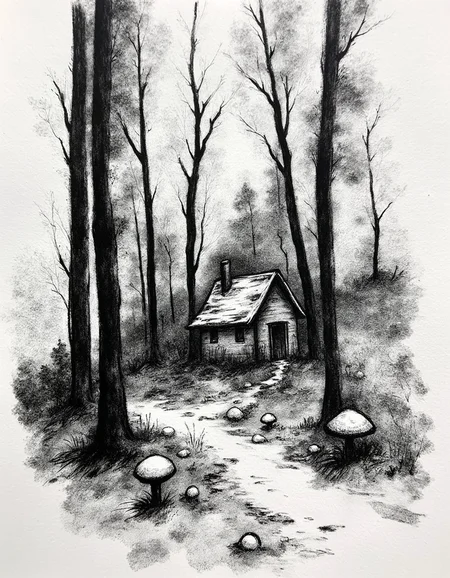 Minimalist charcoal drawing of a cozy cottage deep in a mystical forest. mushrooms sprouting from the forest floor. Drawn with large charcoal smudges. almost abstract. Less detailed. Simple drawing.<lora:Charcoal.safetensors:1.0:1.0>