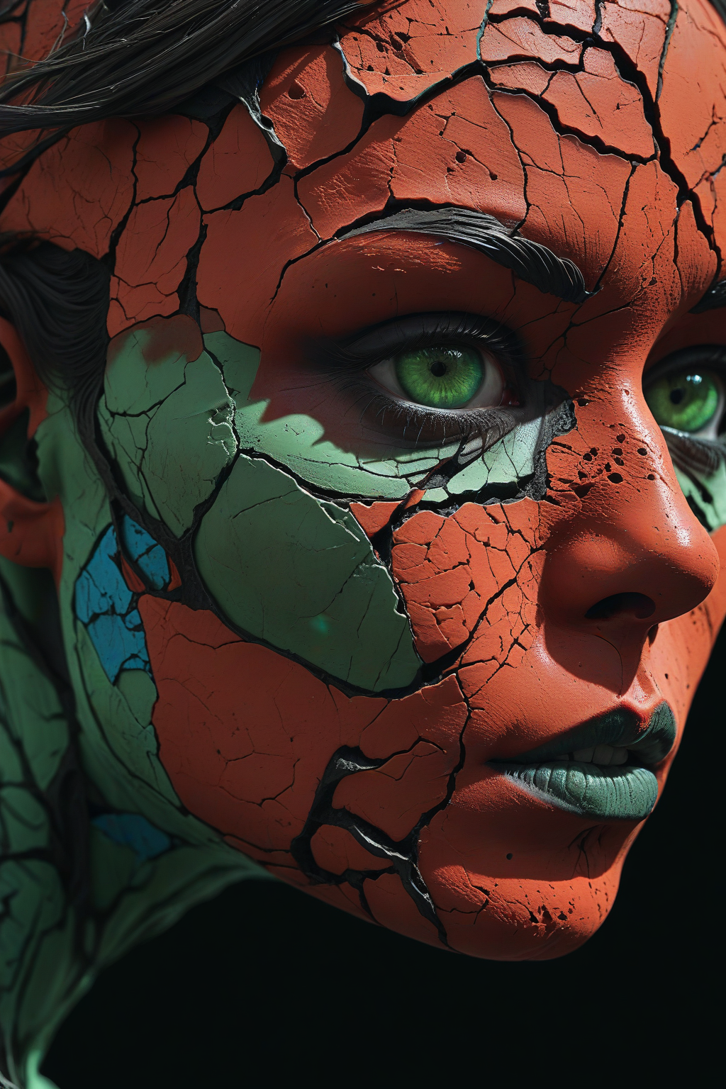 Horror-themed dark, a close up of a person's face on a cracked surface, inspired by Alberto Seveso, featured on zbrush central, orange fire/blue ice duality!, portrait of an android, fractal human silhouette, red realistic 3 d render, black and green, subject made of cracked clay, woman, made of lava . Eerie, unsettling, dark, spooky, suspenseful, grim, highly detailed , UHD, HDR  <lora:Add_UHD_Details_&_Text_v1:0.85>
