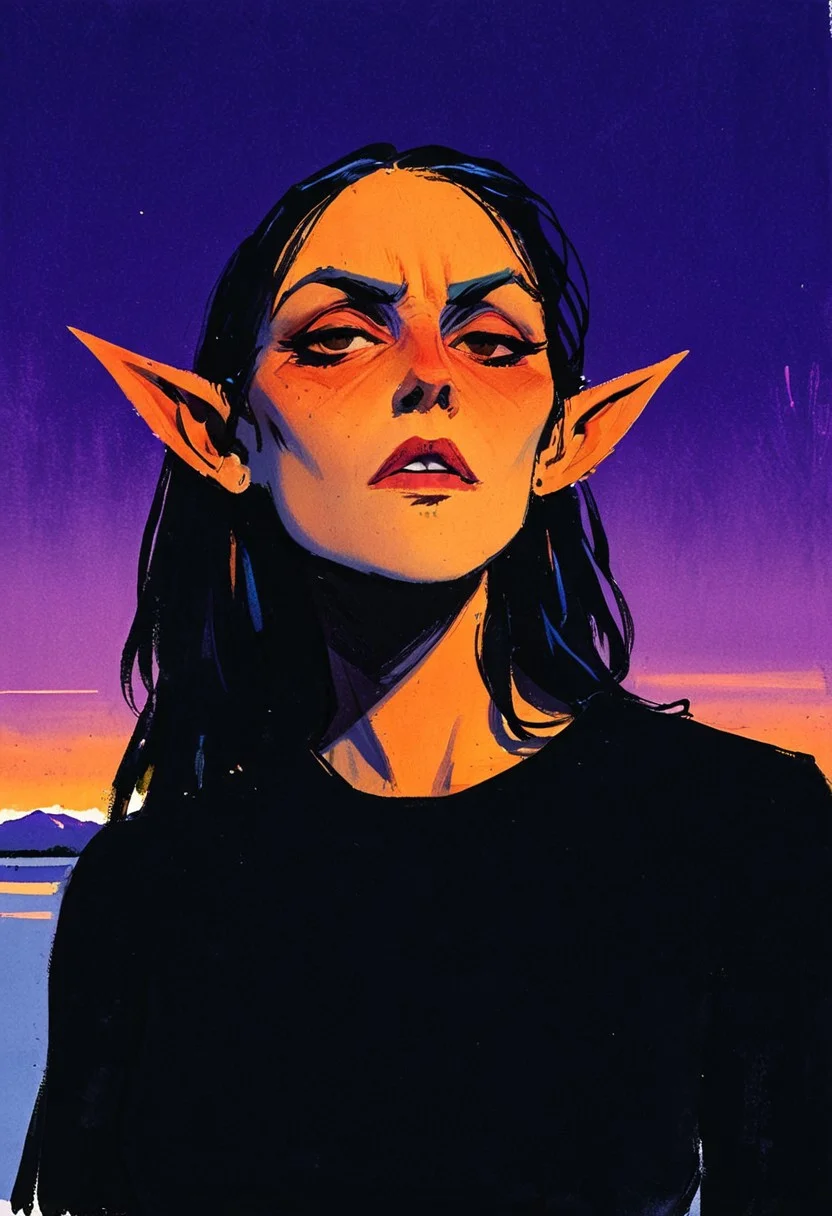 (resplendent highlighting) in the style of casual line and wash sketch, hauntingly beautiful, a drawing of a githyanki woman with, very small nose, pointed elf ears (detailed anatomy and defined musculature:1.0) prominent cheekbones, looking at viewer (furious expression:1.2), focus on the face, strong stance (ultraviolet hues:1.0) bill sienkiewicz and marilyn minter influence, high-contrast lighting, rough details, dark-black sweater, backdrop of salt flats and mono lake, aidmamj6.1, 3xpr3sgg0th1cn30n1nc4s3, ExpresHGothicNeonIncaseUOC, ExpresHGothicNeonIncase