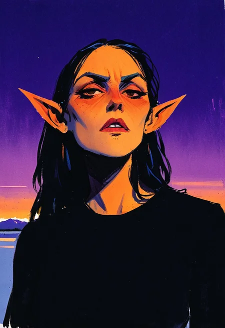 (resplendent highlighting) in the style of casual line and wash sketch, hauntingly beautiful, a drawing of a githyanki woman with, very small nose, pointed elf ears (detailed anatomy and defined musculature:1.0) prominent cheekbones, looking at viewer (furious expression:1.2), focus on the face, strong stance (ultraviolet hues:1.0) bill sienkiewicz and marilyn minter influence, high-contrast lighting, rough details, dark-black sweater, backdrop of salt flats and mono lake, aidmamj6.1, 3xpr3sgg0th1cn30n1nc4s3, ExpresHGothicNeonIncaseUOC, ExpresHGothicNeonIncase