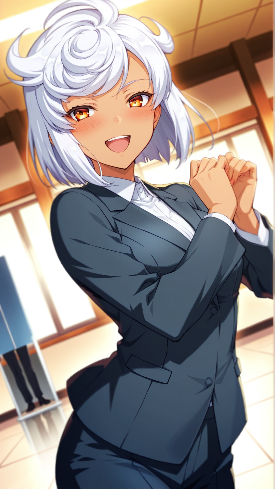source_anime, general, best quality, masterpiece, 1girl, <lora:Tissisaaq_ill_v1.0:1> tissisaaq\(scarlet grace\),white hair, short hair, dark skin, dynamic pose, dutch angle, business suit, happy, embarrassed,  cowboy shot,