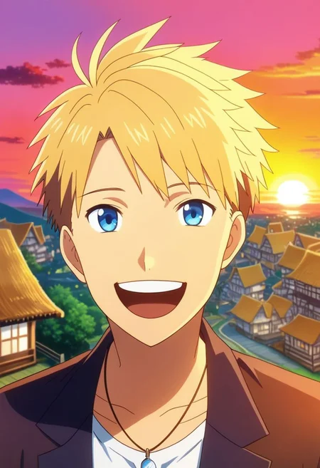 high resolution, professional photography, solo, best quality, 1Boy, Yamato Ishida, Blond Hair, Deep Blue Eyes, Necklace, potrait, laughing, very happy, half body, village, sunset, looking at viewer,, OverallDetail