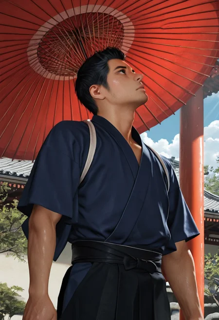 masterpiece, best quality, amazing quality, absurdres, newest, detailed background, definition so sharp, Ultra-HD, 8K cinematic, very awa, impressionate, amazing quality, highres, realistic,
solo, male focus, manly, day, sunbeam, garden sakura tree, blue sky, cloud, chinese architecture,
kiryuchan, kiryuchan_black hair, kiryuchan_black eyes, 1boy, solo, male focus, short hair, facial hair, sideburns, blue kimono, black sash, white tasuki, holding umbrella, oil-paper umbrella, looking up, windy
