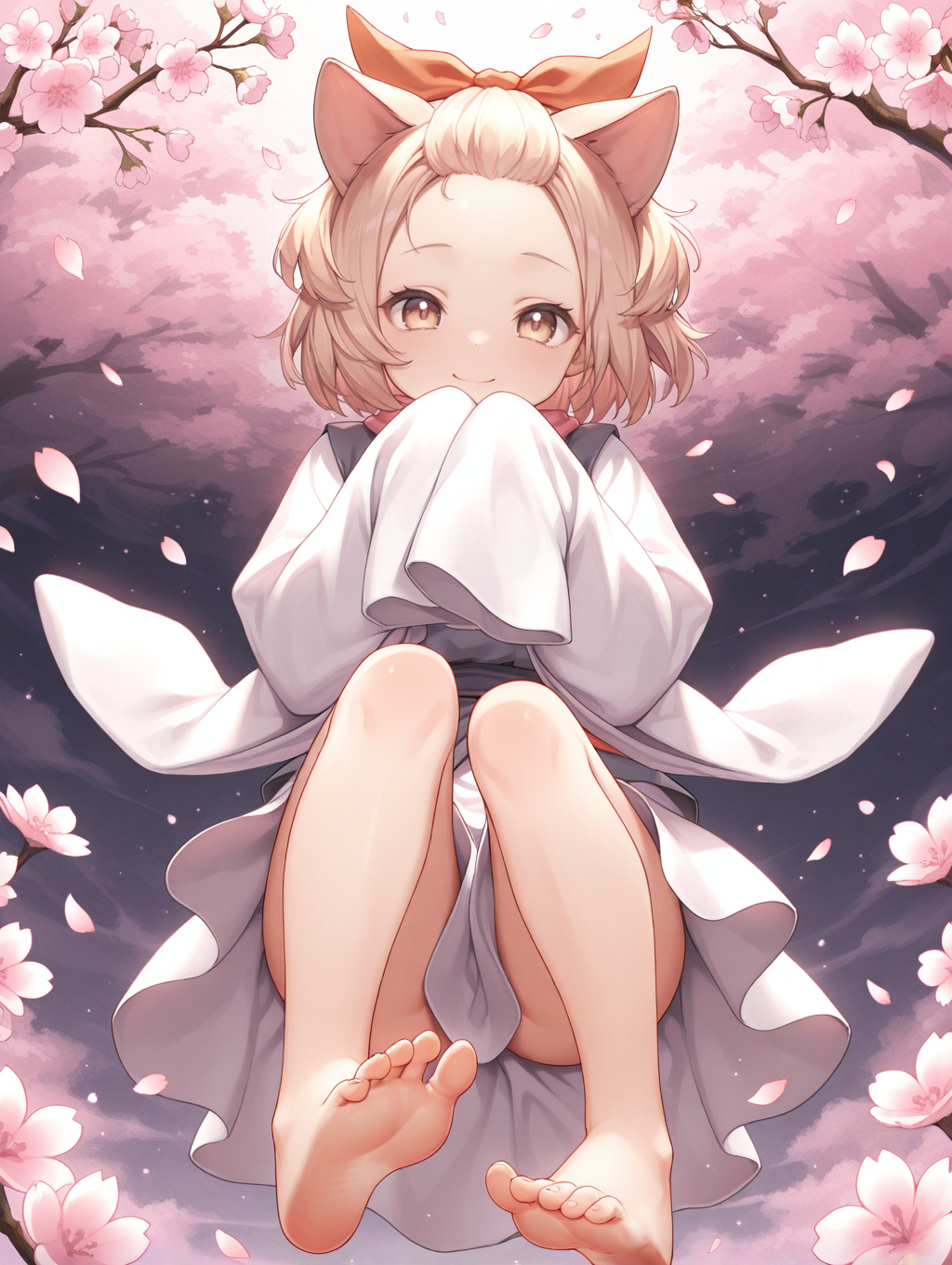 ash blossom & joyous spring,1girl,barefoot,solo,cherry blossoms,smile,sleeves past fingers,flower,soles,looking at viewer,petals,toes,full body,red hair ribbon,sitting,white kimono,floating,
masterpiece,best quality,amazing quality,very aesthetic,absurdres,newest,<lora:Ash Blossom & Joyous Spring illuXL v1:0.7>,