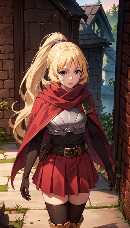 photorealistic, (4k), depth of field, (Masterpiece), (realistic skin texture), extremely detailed, intricate, hyper detailed, professional photography, bokeh, high resolution, sharp detail, best quality, girl, blonde hair, ponytail, blue eyes, purple cape, breastplate, leather belt, black sleeves, purple pleated skirt, black thighhighs, <lora:GoodHands-beta2:0.4>, <lora:detail_slider_v4:0.8> , dynamic pose, (slouching), <lora:Rina Rupaage-000004:0.7>, morning dawn, mystical dense fog, epic scene, haunting mist, outdoors, forest, stone ruins,