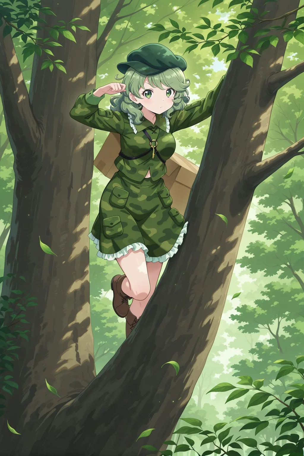absurdres, highres, masterpiece, best quality, amazing quality, official anime artwork, screencap, anime screencap, outdoors, looking at viewer, dynamic pose,
<lora:Takane-Yamashiro_Illustrious:1> yamashiro takane, 1girl, solo, green eyes, green hair, medium hair,, aqua hat, flat cap, key, green shirt, camouflage shirt, long sleeves, pocket, green skirt, camouflage skirt, frilled skirt, brown boots, shoulder strap, box,
on a tree, leaf, forest,